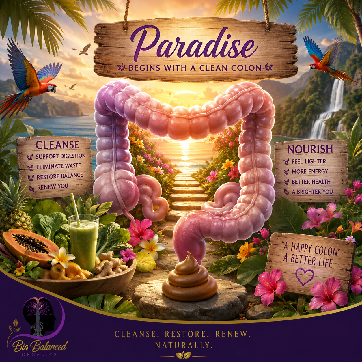 Colon Cleanse Tea surrounded by herbs and details of the benefits of colon cleanse