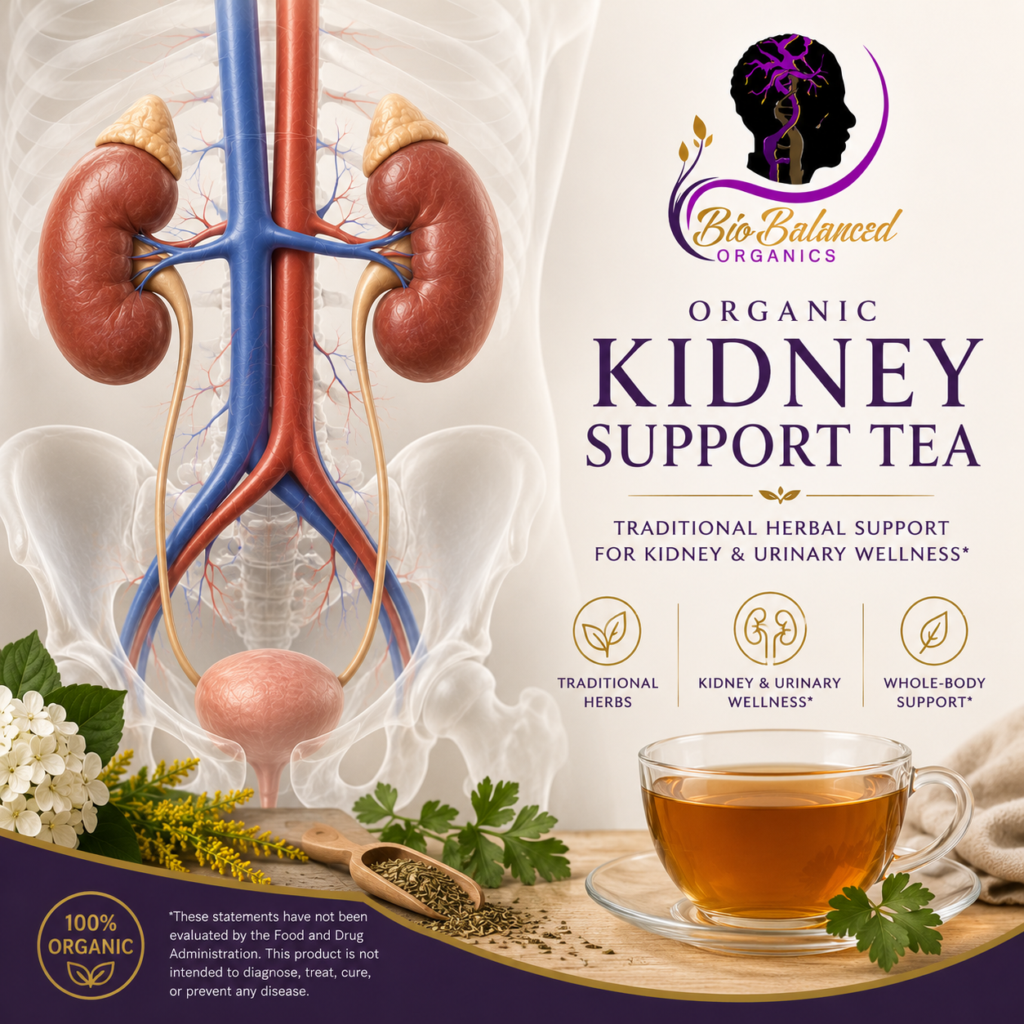 Bio Balanced Organics | Organic Kidney Support Tea with an image of the kidneys and urinary system.
